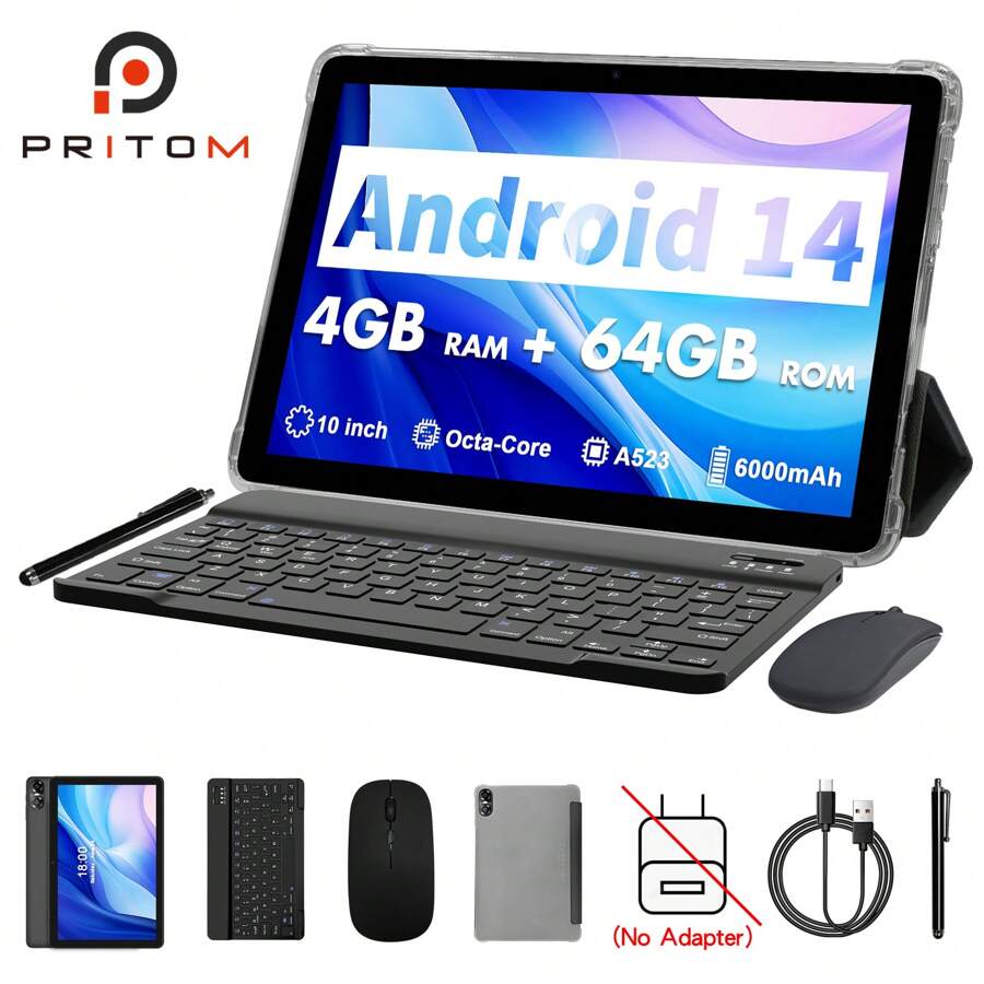PRITOM Android 14 平板电脑，8 核 2.0Ghz，4GB（4gb+4gb 扩展）RAM，64GB Rom，A523 平板电脑，10.1 英寸 1280*800 Ips 屏幕，6000mah，5G WIFI，WIFI 6，BT 5.2，2MP+8MP 摄像头，带免费皮套、键盘、鼠标、手写笔（无适配器） - 灰色 - 查看 1
