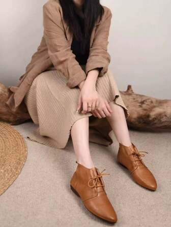 Women's Mid Chunky Heel Lace Up Ankle Boots, Fashion Versatile Pointed Toe Short Boots, Comfortable Daily Work Wear