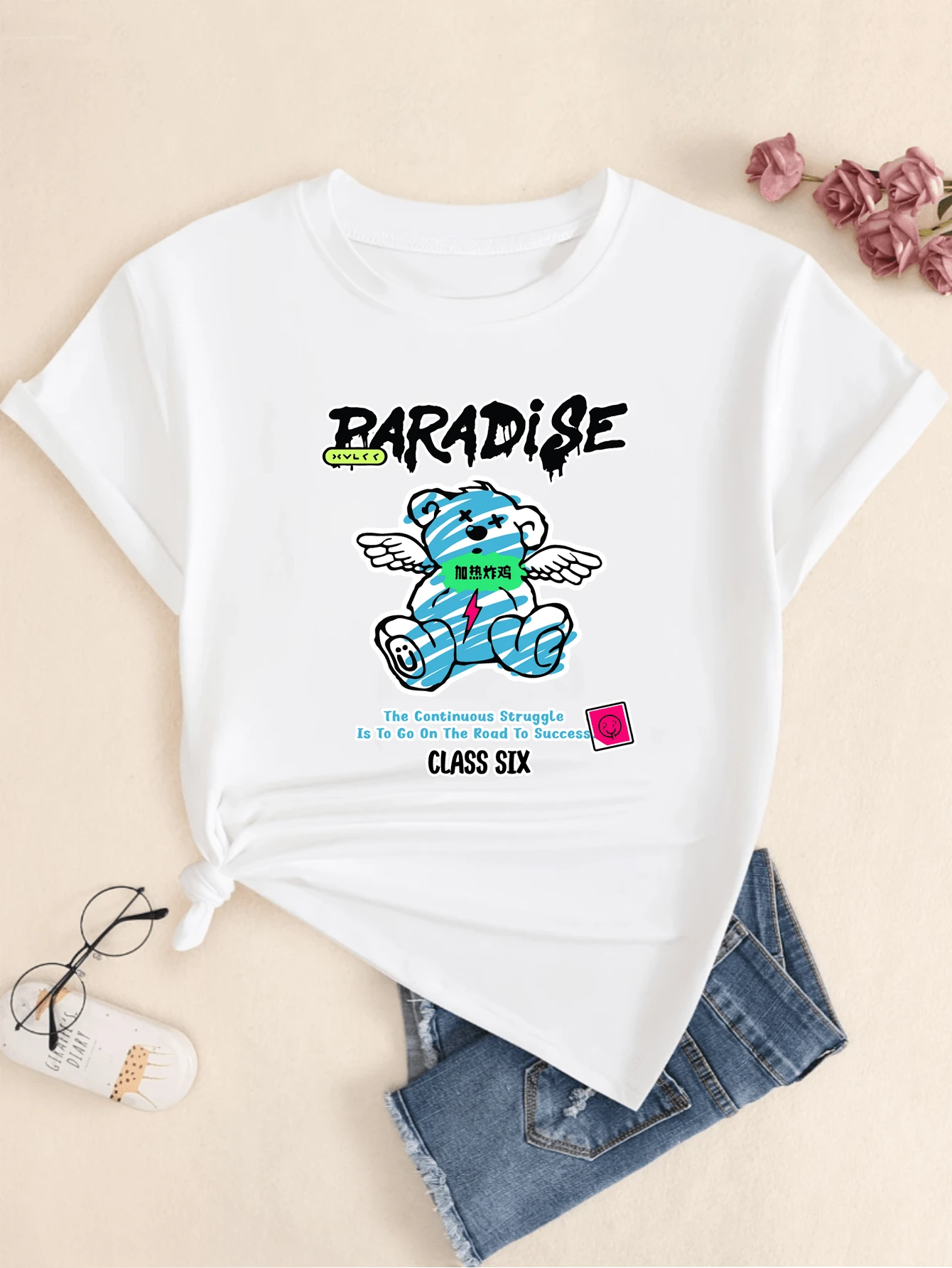 Paradise Bear Cotton T-Shirt Print Casual Comfort Streetwear Women - trắng - Xem 1