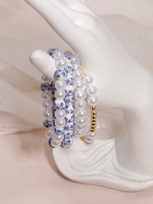 4 件套时尚优雅青花瓷仿珍珠串珠金色串珠手链女士可堆叠 14K 镀金弹力珠球手链首饰套装中国风手链礼物送给女士少女圣诞节情人节珠宝 - 4PCS - 查看 3