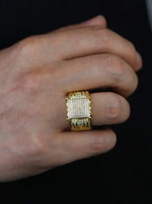 1 件优质铂金/14K 镀金闪亮 AAAA 方晶锆石奢华戒指，男女珠宝，婚礼 - 金色 - 查看 4