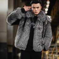 Men's Fluffy Jacket, Silver Fox Color Short Parka With Zip, Casual Collar Windbreaker, Thick For Autumn/Winter, Young Brand