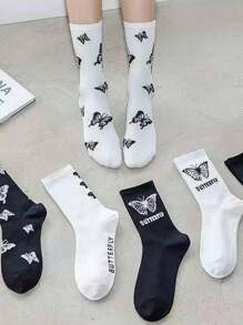 Set de 6 pares/1 par de calcetines de media pantorrilla con estampado de mariposa en negro y blanco, adecuados para primavera, otoño e invierno, con estilo fashionable tipo Ins, se pueden usar con zapatos casuales, tenis, como regalo para niñas, niños, mamá, papá, prendas de invierno para niñas y niños, regalo navideño