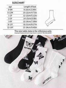 Set de 6 pares/1 par de calcetines de media pantorrilla con estampado de mariposa en negro y blanco, adecuados para primavera, otoño e invierno, con estilo fashionable tipo Ins, se pueden usar con zapatos casuales, tenis, como regalo para niñas, niños, mamá, papá, prendas de invierno para niñas y niños, regalo navideño