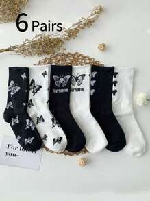 Set de 6 pares/1 par de calcetines de media pantorrilla con estampado de mariposa en negro y blanco, adecuados para primavera, otoño e invierno, con estilo fashionable tipo Ins, se pueden usar con zapatos casuales, tenis, como regalo para niñas, niños, mamá, papá, prendas de invierno para niñas y niños, regalo navideño
