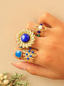 Mazuer 1 Stück vintage goldfarbener vielseitiger eleganter modischer saphirblauer Blatt Blumen doppelseitiger Tropfen Öl Baumstumpf Schmuck Ring, modisches Accessoire Geschenk für Frauen, geeignet für Strand, Party, täglichen Weg zur Arbeit, Urlaub