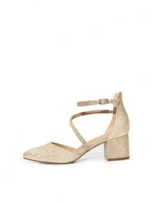Women's Closed Pointed Toe Low Chunky Heels Pumps Ankle Strap Wedding Business Dressy Shoes - 金色 - 查看 4
