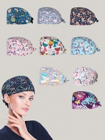 Bouffant Scrub Caps Printed Working Surgical Cap Nurse Hats With Buttons And Sweatband Adjustable Tie Back Hat For Women Men Multi Color