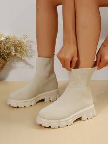 Botas de calcetín de alta altura para mujer de talla grande, zapatillas casuales ligeras y elásticas, botas de tobillo de punta redonda, transpirables y estilizadoras, adecuadas para otoño/invierno - Beis - Ver 2