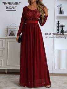 Elegant Women's Long Beaded Evening Party Dress Formal Gown, Long Sleeve Semi Formal Prom Dress, For Birthday, Wedding Guest, Graduation Homecoming