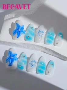BEGAVET 10 件手工沙龙品质按压式指甲多色中杏仁色全新 3D 花卉设计蓝色海洋可重复使用美甲带 3D 饰品，适合派对/音乐节和日常佩戴 - 淺藍色 - 查看 3