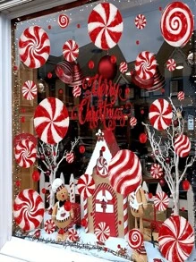 73 pièces/9 feuilles Décorations de fenêtre adhésives Candy de Noël, autocollants statiques réutilisables rouges Candy Gingerbread Man, convient pour les décorations de fête de Noël sur verre