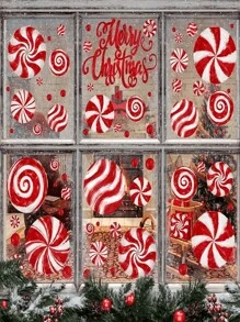 73 pièces/9 feuilles Décorations de fenêtre adhésives Candy de Noël, autocollants statiques réutilisables rouges Candy Gingerbread Man, convient pour les décorations de fête de Noël sur verre