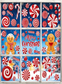 73 pièces/9 feuilles Décorations de fenêtre adhésives Candy de Noël, autocollants statiques réutilisables rouges Candy Gingerbread Man, convient pour les décorations de fête de Noël sur verre
