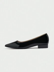 Black Patent Leather Low Heel Pumps, Casual Office Pointed Toe Soft Bottom Comfortable Non-Slip Work Shoes For Women Valentines