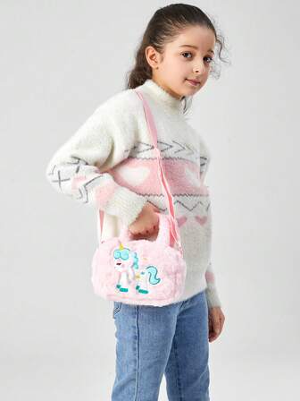 Cartoon Unicorn Plush Shoulder Bag Children's Heart-Shaped Crossbody Bag Girls' Smal Gift