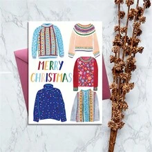 1 pieza Tarjetas de felicitación festivas (Tarjetas de Navidad) - Diseño de suéter navideño colorido, Papelería de oficina y vacaciones - Para regalar en Navidad a familiares y amigos