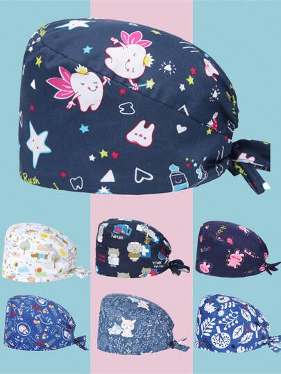 1 pieza Gorro quirúrgico estampado con dibujos animados de poliéster, adecuado para clínica dental, hospital, enfermera pediátrica, veterinario, chef, cabello largo, unisex, para las 4 estaciones