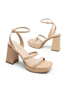 Women High Platform Heeled Sandals Fashionable Strappy Chunky Heel Open Square Toe Heeled Sandals For Summer Wearing - 杏色 - 查看 6