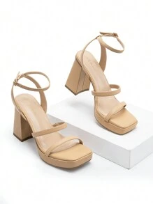 Women High Platform Heeled Sandals Fashionable Strappy Chunky Heel Open Square Toe Heeled Sandals For Summer Wearing - 杏色 - 查看 4