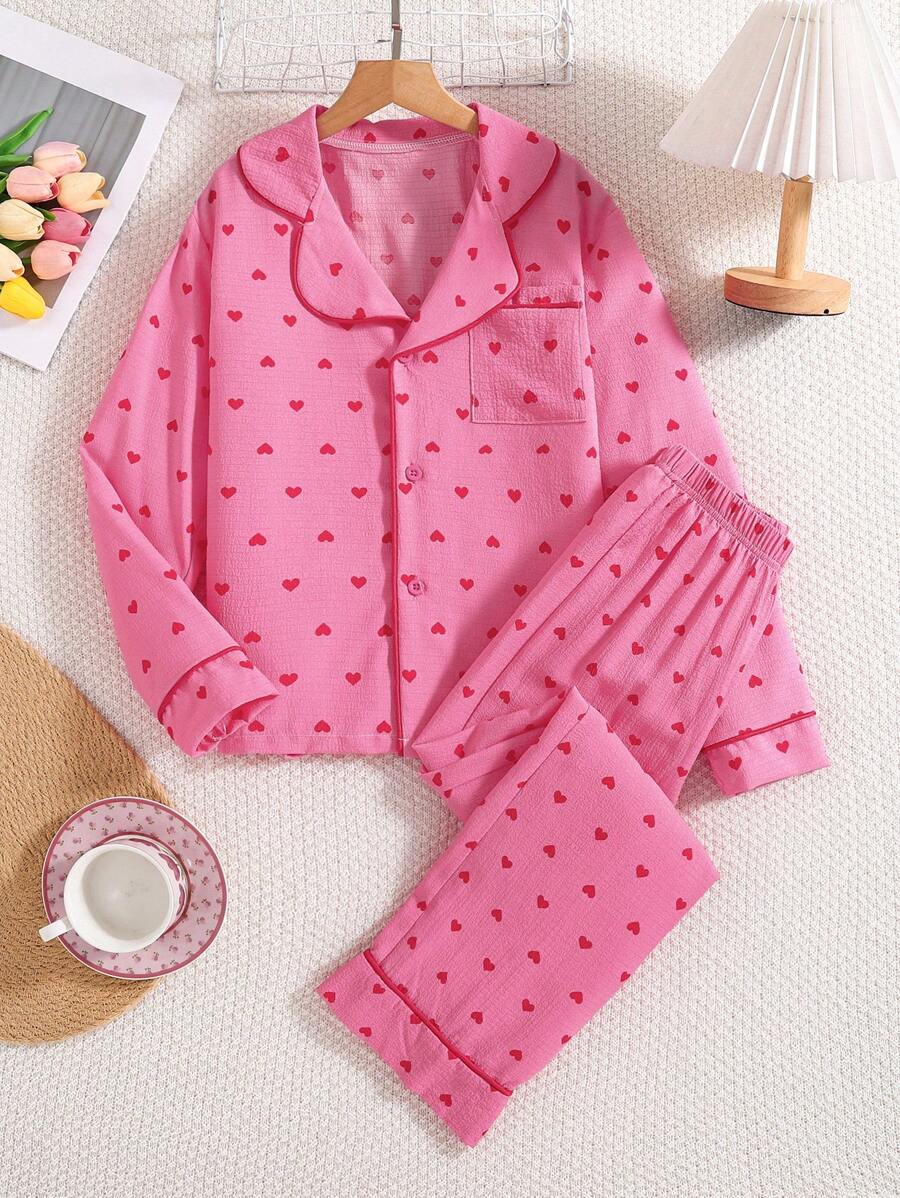 Two Pieces Cute Bubble Pleated Heart-Shaped Printed Girls' Long Sleeved Pants Pajamas, Comfortable Fabric And Collar Design, Perfect For Spring And Autumn Sleepwear Parties And Relaxed Nights - Apricot - View 1