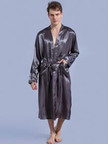 Men's Autumn And Winter Best-Selling Imitation Silk Satin Robe Bathrobe - 灰色 - 查看 6
