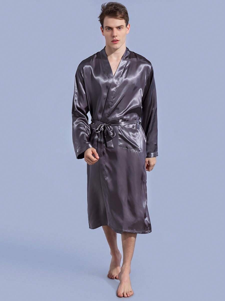 Men's Autumn And Winter Best-Selling Imitation Silk Satin Robe Bathrobe - 灰色 - 查看 1