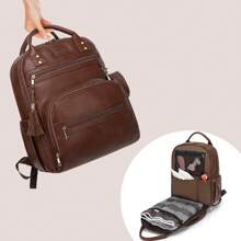 Vegan Leather Diaper Bag Backpack For Boy Girl With Changing Pad And Pacifier Case, Waterproof, Travel Baby Bag Backpack For Mom Dad, Perfect Baby Shower Gifts - Màu nâu Sô-cô-la - Xem 8