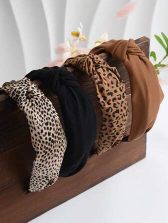 4pcs Leopard Print & Solid Color Casual Retro Polyester Headband Knotted In The Middle Wide Hair Hoop, Suitable For All Seasons,Hairband,Hair Hoop Headbands Hair Accessories