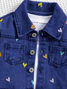 Áo khoác denim giản dị thêu hình trái tim bất đối xứng cho bé gái phong cách mới - Xanh đậm - Xem 5