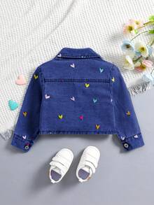 Áo khoác denim giản dị thêu hình trái tim bất đối xứng cho bé gái phong cách mới - Xanh đậm - Xem 3