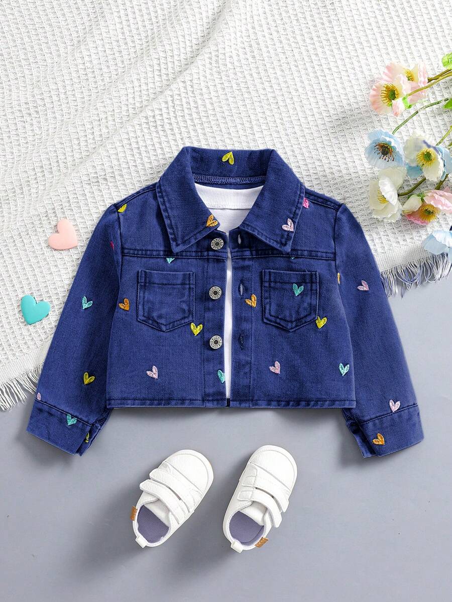 Áo khoác denim giản dị thêu hình trái tim bất đối xứng cho bé gái phong cách mới