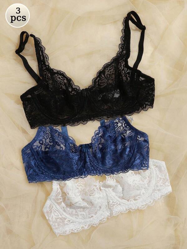 Set de 3 sujetadores sexy sin acolchado y semitransparentes de encaje para mujer, lencería sexy