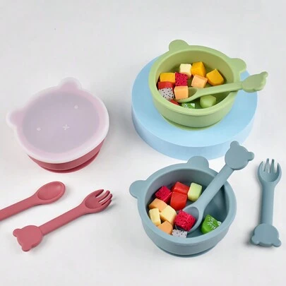 3pcs/Set Baby Feeding Bowl With Lid, Silicone Spoon Fork Set, Non-Slip Anti-Scalding Infant Tableware