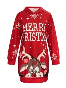 Women Christmas Cute Deer Pattern Hooded Long Sleeve Tunic Sweatshirt, Versatile Sweatshirt Dress, Autumn