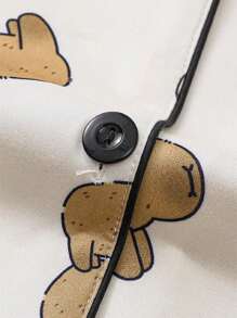 2 件套女士水豚印花睡衣套装，舒适翻领短袖上衣和宽松松紧腰裤，休闲户外/室内纯色家居睡衣和家居服