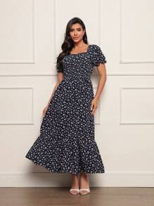 Long Dress With Puffed Sleeves Elastex Print - Navy Blue - View 1