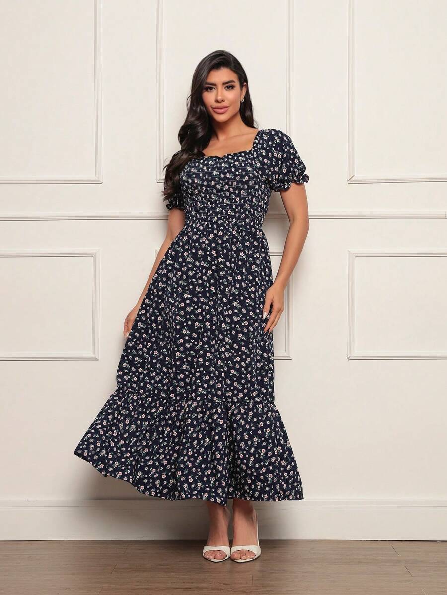 Long Dress With Puffed Sleeves Elastex Print - Navy Blue - View 1