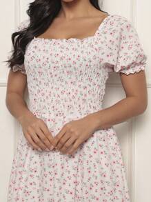 Long Dress With Puffed Sleeves Elastex Print - White - View 4