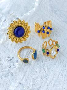 Mazuer 1 Stück vintage goldfarbener vielseitiger eleganter modischer saphirblauer Blatt Blumen doppelseitiger Tropfen Öl Baumstumpf Schmuck Ring, modisches Accessoire Geschenk für Frauen, geeignet für Strand, Party, täglichen Weg zur Arbeit, Urlaub