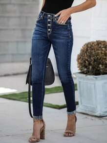 Fashionable Slim Fit Casual Street Style Elegant Gentle Commute Young College Style Sexy College Style Washed Denim Jeans For Women - Blue - View 3