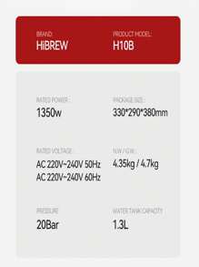 HiBREW H10B Espresso Machine, 20 Bar Extraction Pressure, Semi-Automatic, Adjustable Temperature And Cup Volume, 51 Mm Aluminum Alloy Handle, 1.3 L Removable Water Tank - Phích cắm loại F của EU (220-240V) - Xem 10