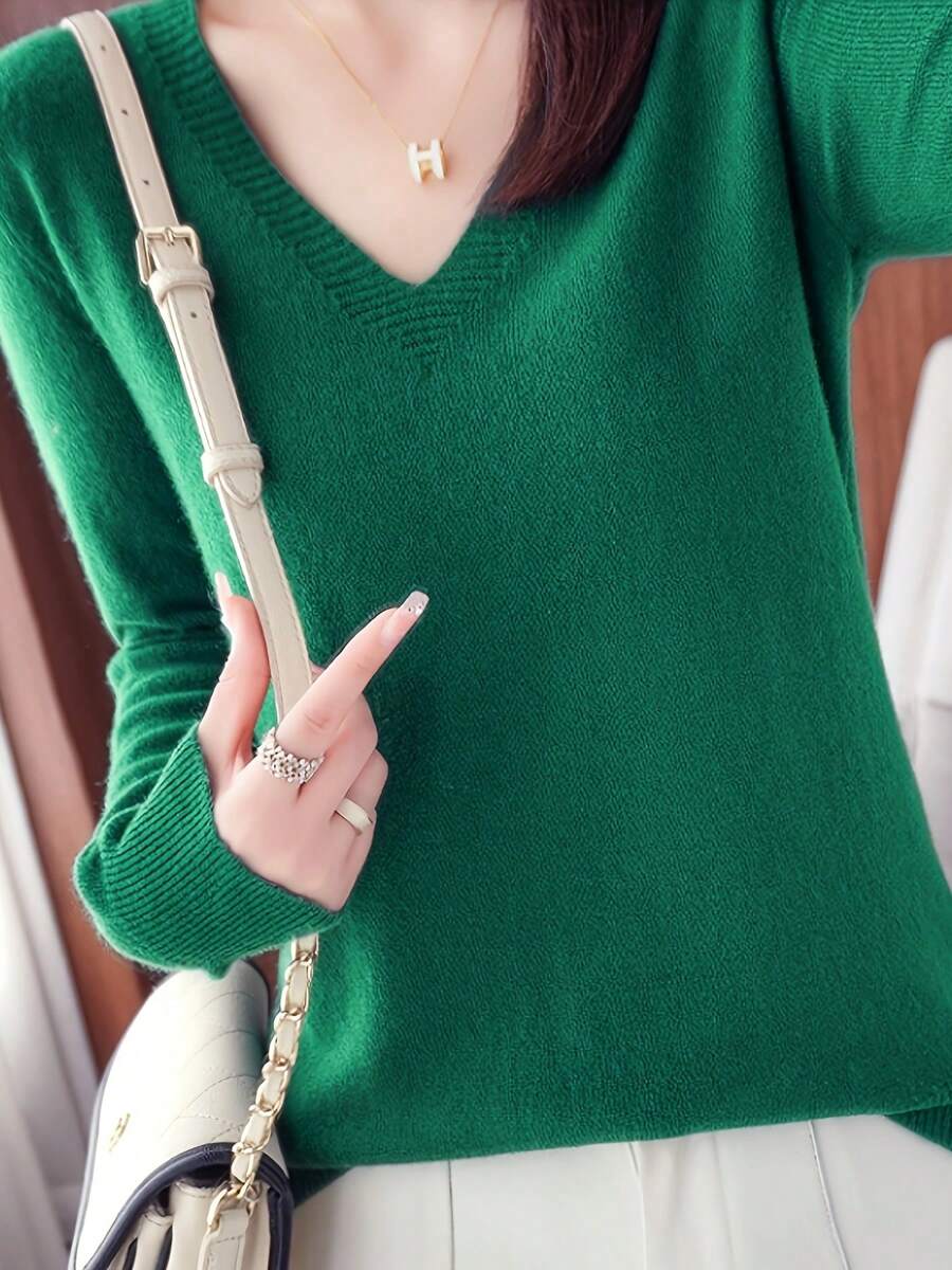 Women's Solid Color V-Neck Knitted Bottoming Shirt Autumn And Winter New Set Of Thin Sweater Thin Section Of The Fashion Inner Tie - 綠色 - 查看 1