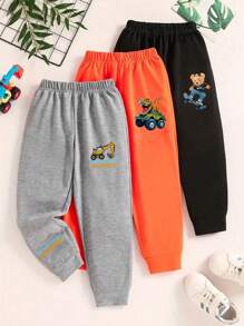 3 条装小男孩卡通恐龙、熊和汽车印花休闲运动裤，舒适慢跑裤，适合春/夏/秋季 - 彩色 - 查看 1