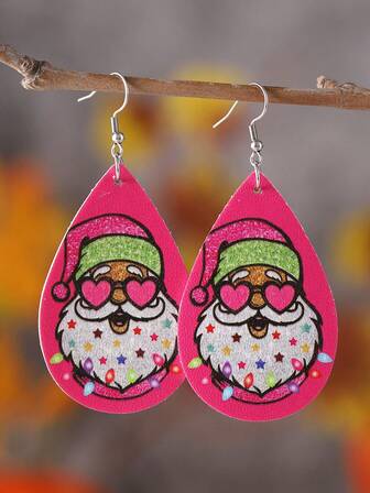 复古圣诞心形太阳镜星星灯串圣诞老人水滴吊坠耳环，PU 皮革双面圣诞耳环女士礼物