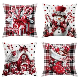 4pcs Merry Christmas Snowman Candy Cane Buffalo Plaid Velvet Throw Pillow Covers Funny Farmhouse Red White Cosy Soft Decorative Pillowcases One Sided Printing 18in*18in For Xmas Winter Living Room Bedroom Sofa Bed Decor Without Pillow Inserts