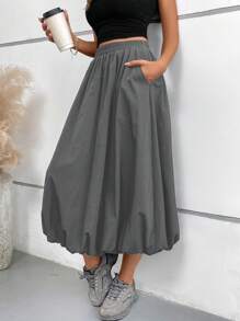 Saia Bubbly Feminina, Cintura Elástica com Bolsos, Saia Longa A-Line Sólida