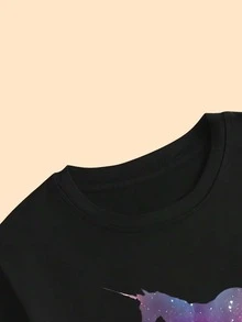 Starry Sky Unicorn T-Shirt Women's Blouse Premium Print Casual Comfort Streetwear - 黑色 - 查看 4