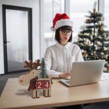 圣诞驯鹿降临节日历，木制麋鹿倒计时装饰，手工桌面节日中心摆件，喜庆圣诞架饰，完美的圣诞礼物，适合家居和办公室的圣诞装饰 - 紅木色 - 查看 3