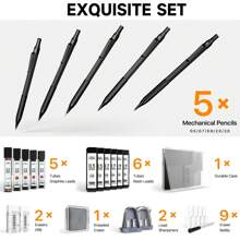 Metal Mechanical Pencil Set, 3PCS Art Drafting Pencils 0.5, 0.7, 0.9MM & 2PCS 2MM Mechanical Drawing Pencils With 420PCS Leads (4B 2B HB 2H Color) For Writing Sketching Drawing (Black) Back To School - Black - View 4
